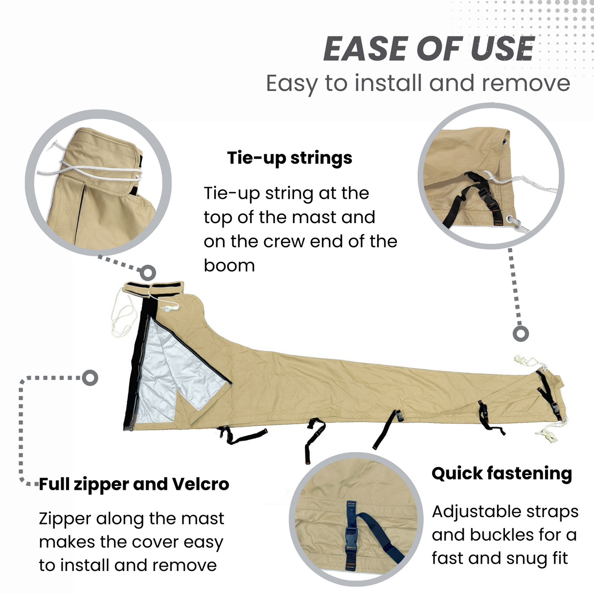 Easy-to-install beige waterproof sailboat mainsail boom cover with tie-up strings, full zipper, Velcro, and adjustable straps