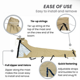 Easy-to-install beige waterproof sailboat mainsail boom cover with tie-up strings, full zipper, Velcro, and adjustable straps