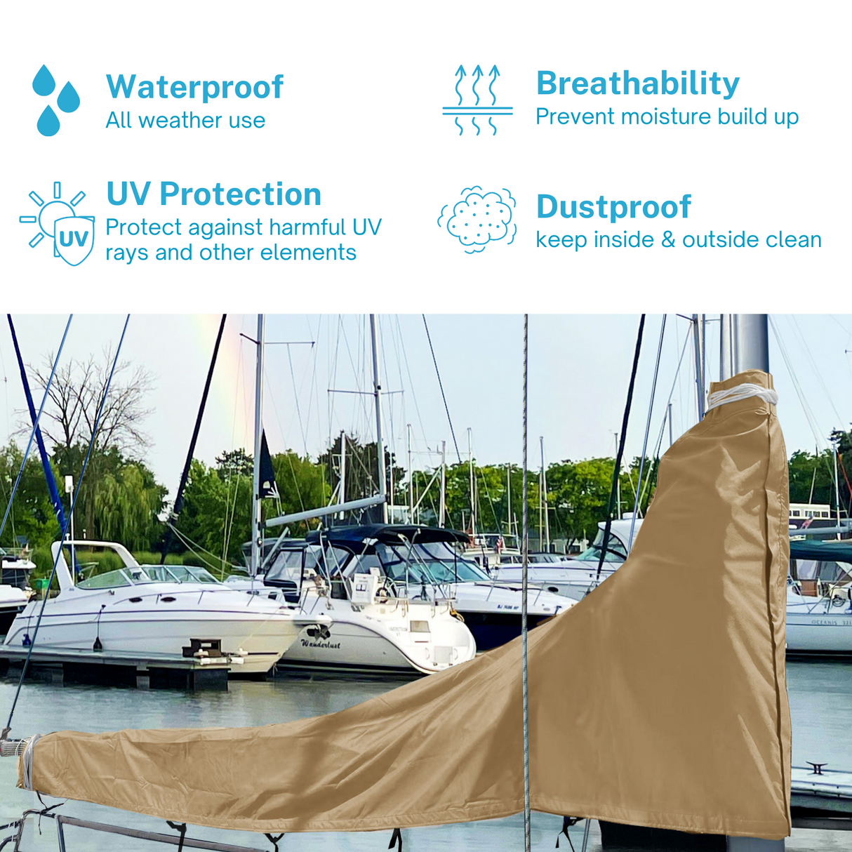 Waterproof beige sailboat mainsail boom cover with UV protection, breathable fabric, and dust proof all-weather design