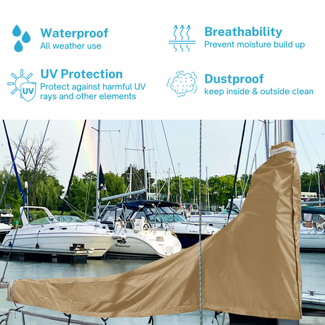 Waterproof beige sailboat mainsail boom cover with UV protection, breathable fabric, and dust proof all-weather design