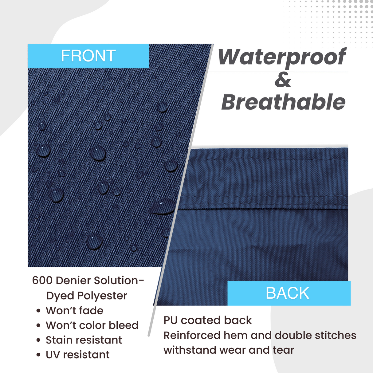 Waterproof and breathable sailboat boom cover navy fabric with 600D solution-dyed polyester and PU-coated backing