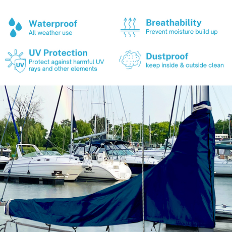 Waterproof navy sailboat mainsail boom cover with UV protection, breathable fabric, and dust proof all-weather design
