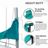 Heavy-duty waterproof teal sailboat mainsail boom cover with full zipper, tie-up string, and heat-reflective mast protection