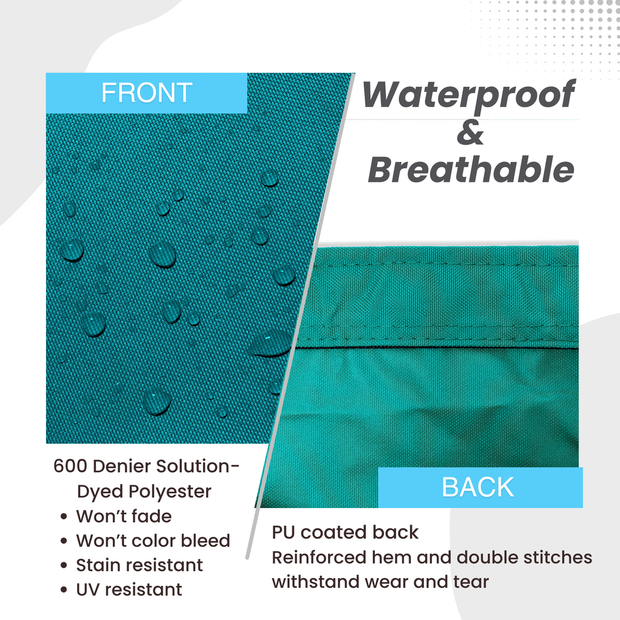 Waterproof and breathable sailboat boom cover teal fabric with 600D solution-dyed polyester and PU-coated backing