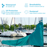 Waterproof teal sailboat mainsail boom cover with UV protection, breathable fabric, and dust proof all-weather design
