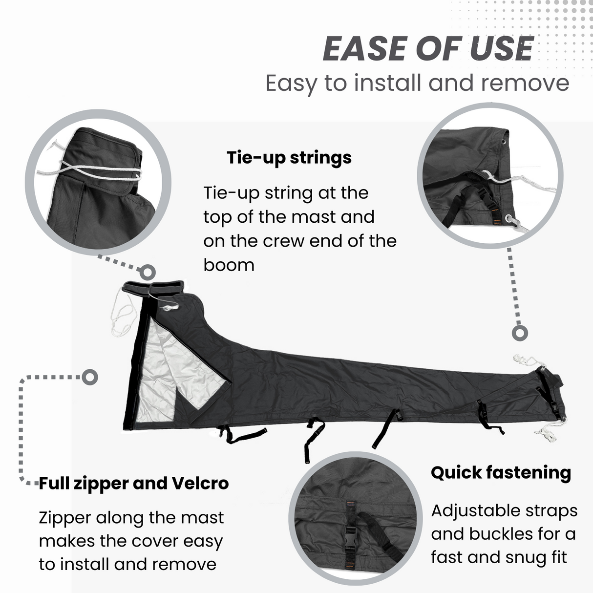 Easy-to-install waterproof black sailboat mainsail boom cover with tie-up strings, full zipper, Velcro, and adjustable straps