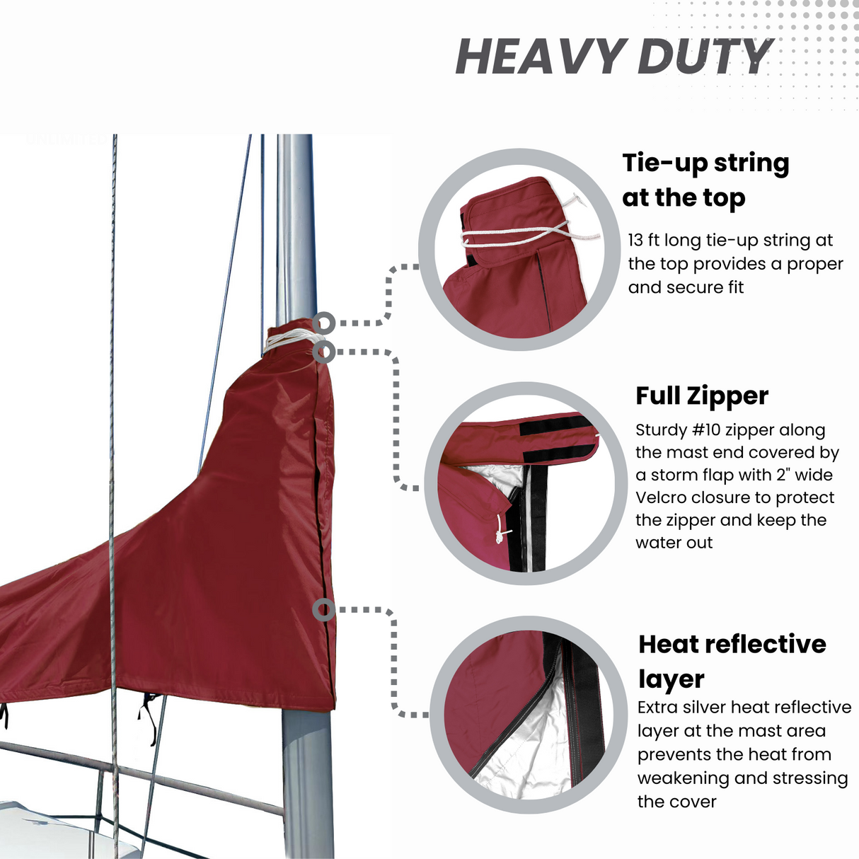 Heavy-duty waterproof burgundy sailboat mainsail boom cover with full zipper, tie-up string, and heat-reflective mast protection