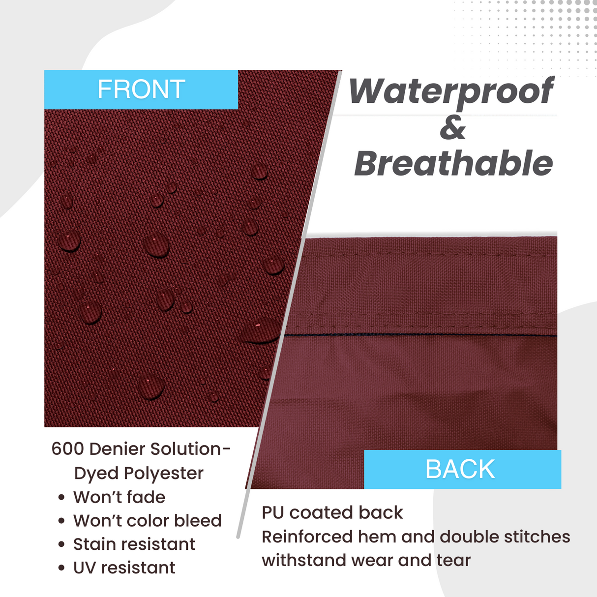 Waterproof and breathable sailboat boom cover burgundy fabric with 600D solution-dyed polyester and PU-coated backing