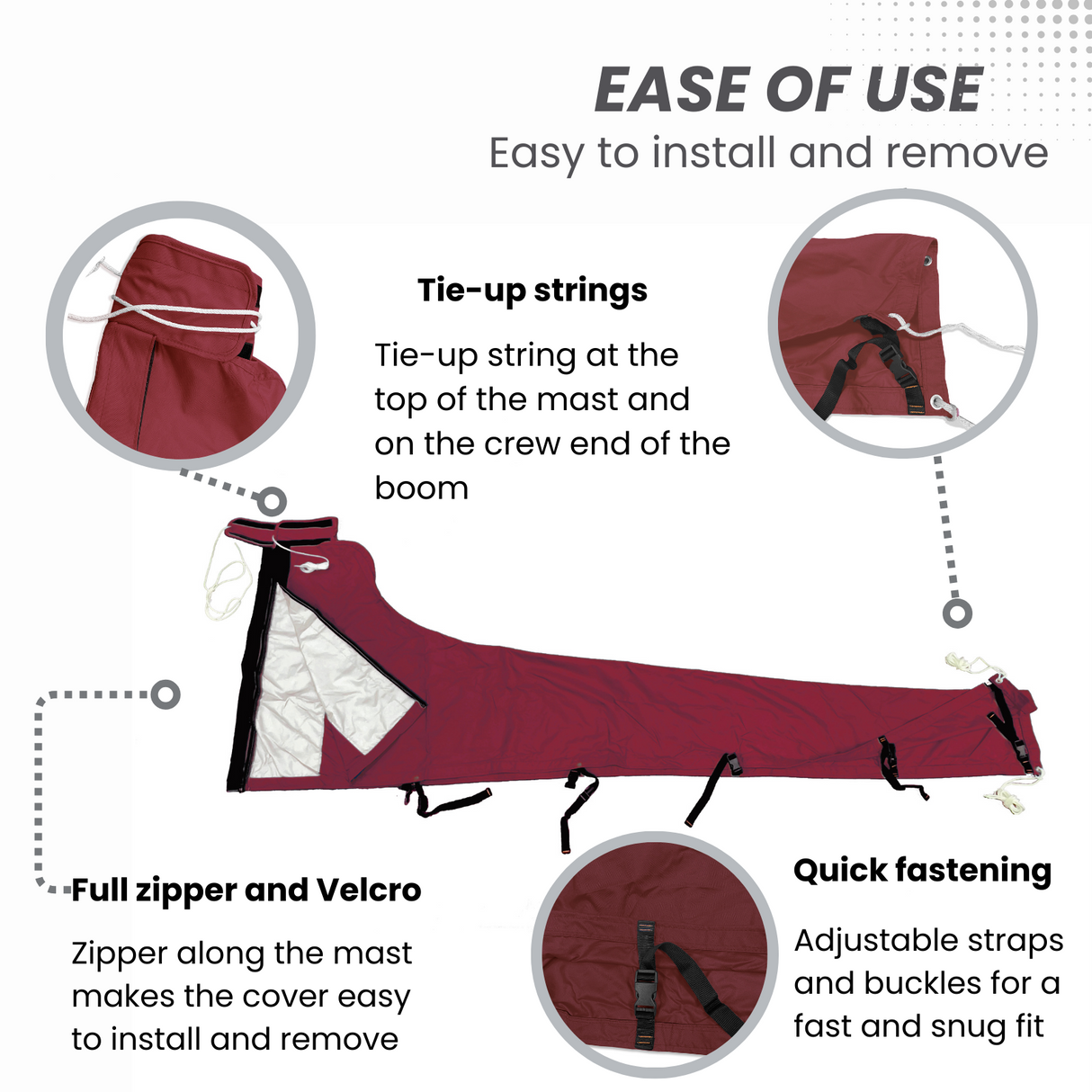 Easy-to-install waterproof burgundy sailboat mainsail boom cover with tie-up strings, full zipper, Velcro, and adjustable straps