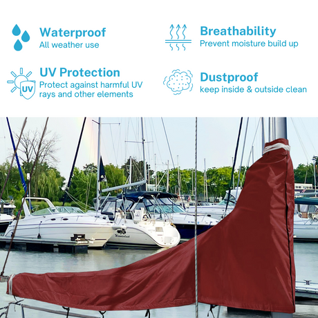 Waterproof burgundy sailboat mainsail boom cover with UV protection, breathable fabric, and dust proof all-weather design