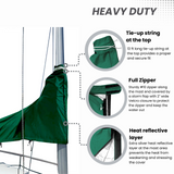 Heavy-duty waterproof green sailboat mainsail boom cover with full zipper, tie-up string, and heat-reflective mast protection