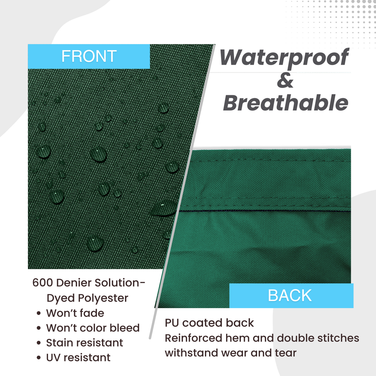 Waterproof and breathable sailboat boom cover green fabric with 600D solution-dyed polyester and PU-coated backing