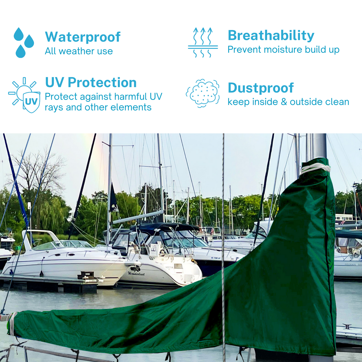 Waterproof green sailboat mainsail boom cover with UV protection, breathable fabric, and dust proof all-weather design