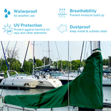 Waterproof green sailboat mainsail boom cover with UV protection, breathable fabric, and dust proof all-weather design