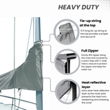 Heavy-duty waterproof grey sailboat mainsail boom cover with full zipper, tie-up string, and heat-reflective mast protection