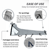 Easy-to-install waterproof grey sailboat mainsail boom cover with tie-up strings, full zipper, Velcro, and adjustable straps