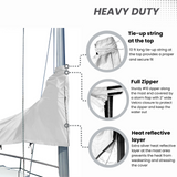 Heavy-duty waterproof white sailboat mainsail boom cover with full zipper, tie-up string, and heat-reflective mast protection