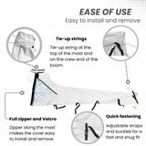 Easy-to-install waterproof white sailboat mainsail boom cover with tie-up strings, full zipper, Velcro, and adjustable straps