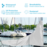Waterproof white sailboat mainsail boom cover with UV protection, breathable fabric, and dust proof all-weather design