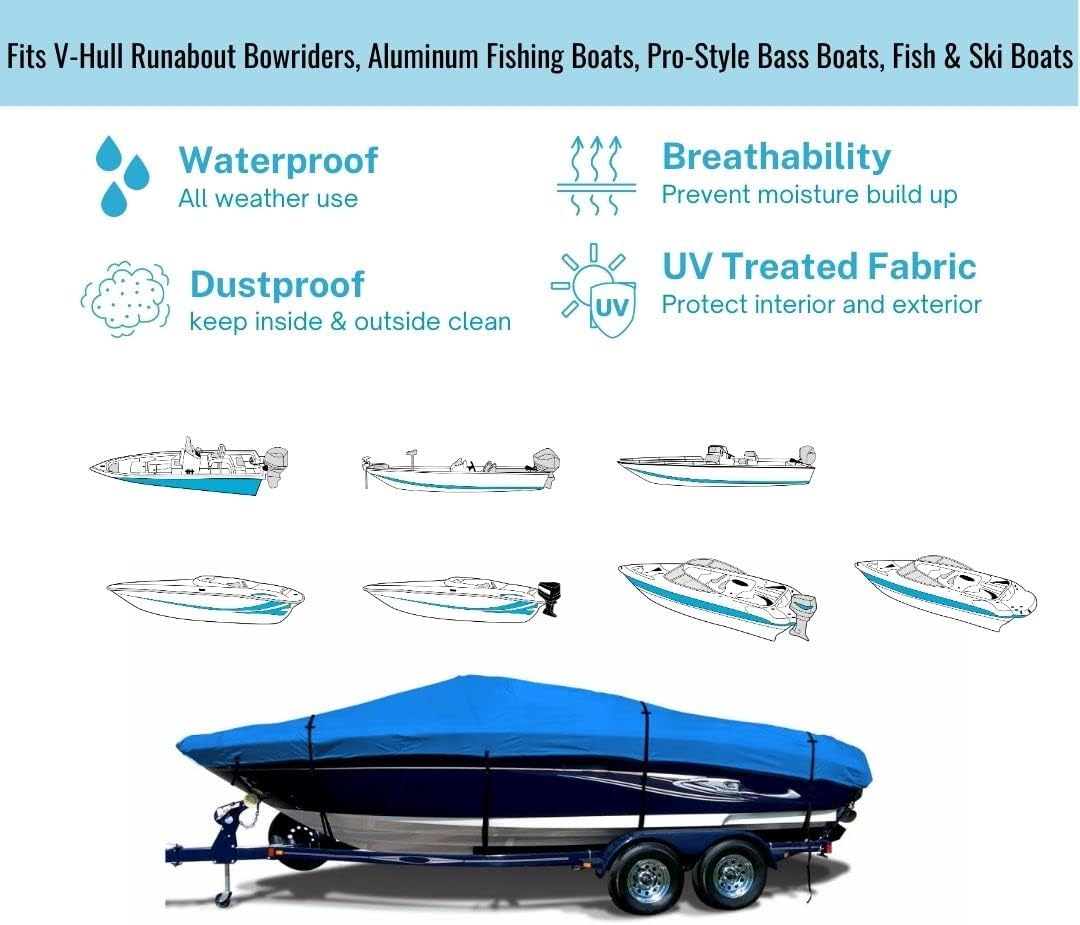 SavvyCraft® Heavy Duty Boat Cover, Waterproof Trailerable Boat Cover fits V-Hull Runabouts, Aluminum Fishing Boats, Pro Style Bass Boats, Fish & Ski