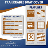 SavvyCraft® Heavy Duty Boat Cover, Waterproof Trailerable Boat Cover fits V-Hull Runabouts, Aluminum Fishing Boats, Pro Style Bass Boats, Fish & Ski