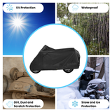 Heavy-duty black scooter cover offering UV, waterproof, dust, scratch, and snow and ice protection. Includes breathable fabric for both indoor and outdoor use.