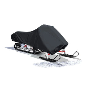 High-quality, durable black TitanShield snowmobile cover made from high-density woven polyester, providing full all-weather protection and complete snowmobile coverage.