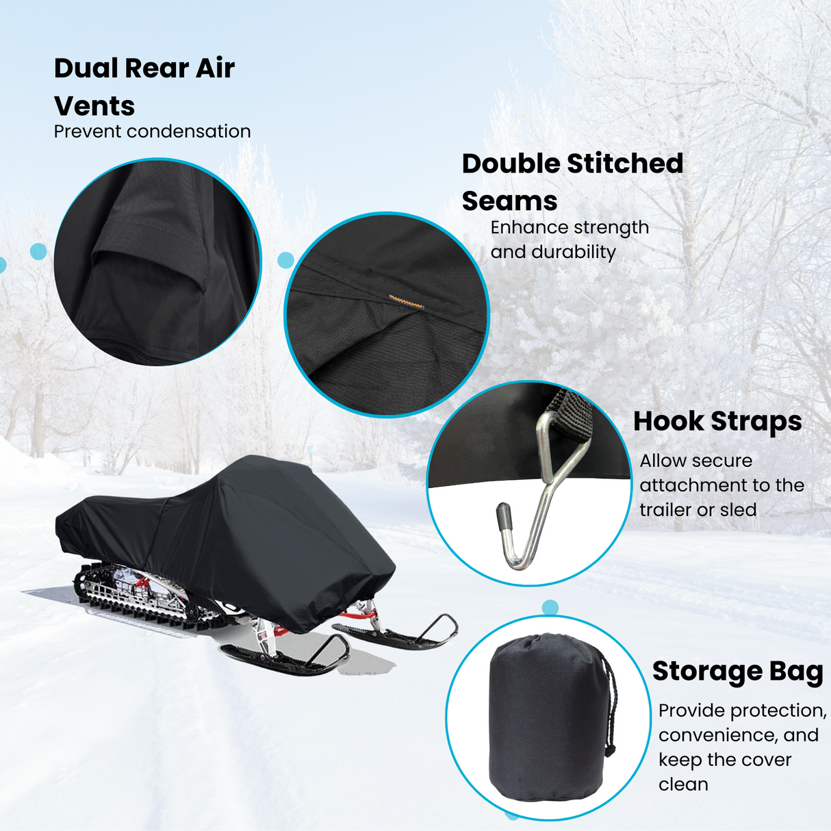 High quality, black snowmobile cover with included features such as dual rear air vents to prevent condensation, double stitched seams to enhance strength and durability, hook straps that allow secure attachment to the trailer/sled, and a storage bag to provide protection and convenience.