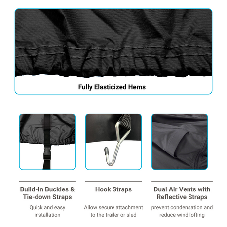 Detailed view of double-stitched, fully elasticized hems to provide secure fit, with built-in buckles and tie-down straps for easy installation, hook straps for secure attachment to the trailer and sled, and dual air vents with reflective straps to prevent condensation and reduce wind lofting. 