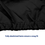 Secure black elastic cord with double stitches to create reinforced seams around bottom hem of cover for storage. 