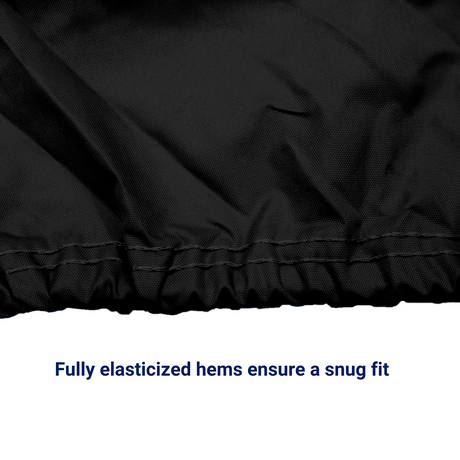 Secure black elastic cord with double stitches to create reinforced seams around bottom hem of cover for storage. 