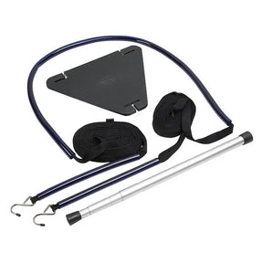 Savvycraft boat cover support pole system featuring a triangular support plate, adjustable telescoping silver aluminum pole, and heavy-duty black webbing straps with metal hooks for secure marine canvas tensioning and water drainage.