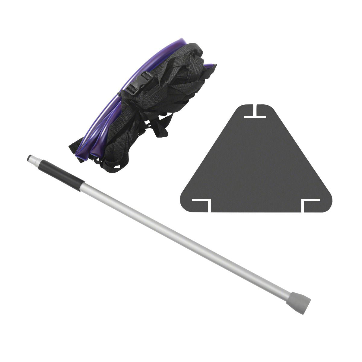 Savvycraft boat cover support pole system with straps kit, featuring a triangular support plate, durable silver aluminum pole, and heavy-duty webbing straps with metal hooks for secure canvas tensioning