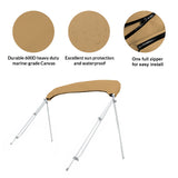 Folded 3-bow bimini top stored in beige protective boot with UV protection, waterproof fabric, and zipper for easy install and removal.