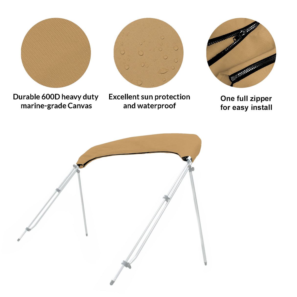 Folded bimini top stored in a beige protective boot with UV protection, waterproof fabric, and zipper for easy install and removal.