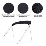 Folded bimini top stored in a black protective boot with UV protection, waterproof fabric, and zipper for easy install and removal.