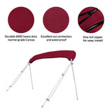 Folded 3-bow bimini top stored in a burgundy protective boot with UV protection, waterproof fabric, and zipper for easy install and removal.