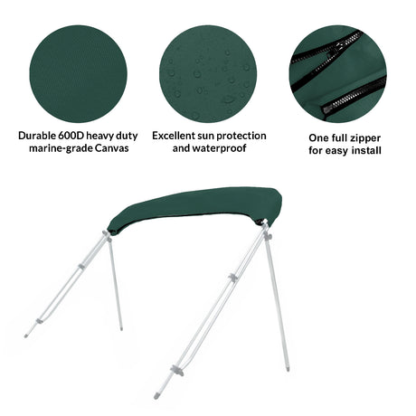 Folded 3-bow bimini top stored in a green protective boot with UV protection, waterproof fabric, and zipper for easy install and removal.