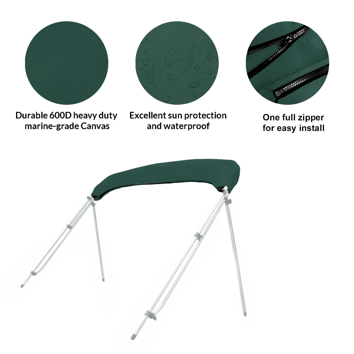 Folded bimini top stored in a green protective boot with UV protection, waterproof fabric, and zipper for easy install and removal.