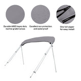 Folded 3-bow bimini top stored in a gray protective boot with UV protection, waterproof fabric, and zipper for easy install and removal.