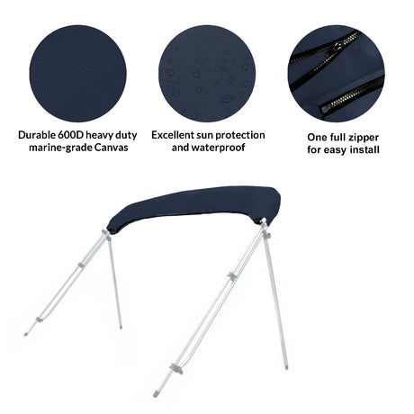 Folded 3-bow bimini top stored in a navy protective boot with UV protection, waterproof fabric, and zipper for easy install and removal.