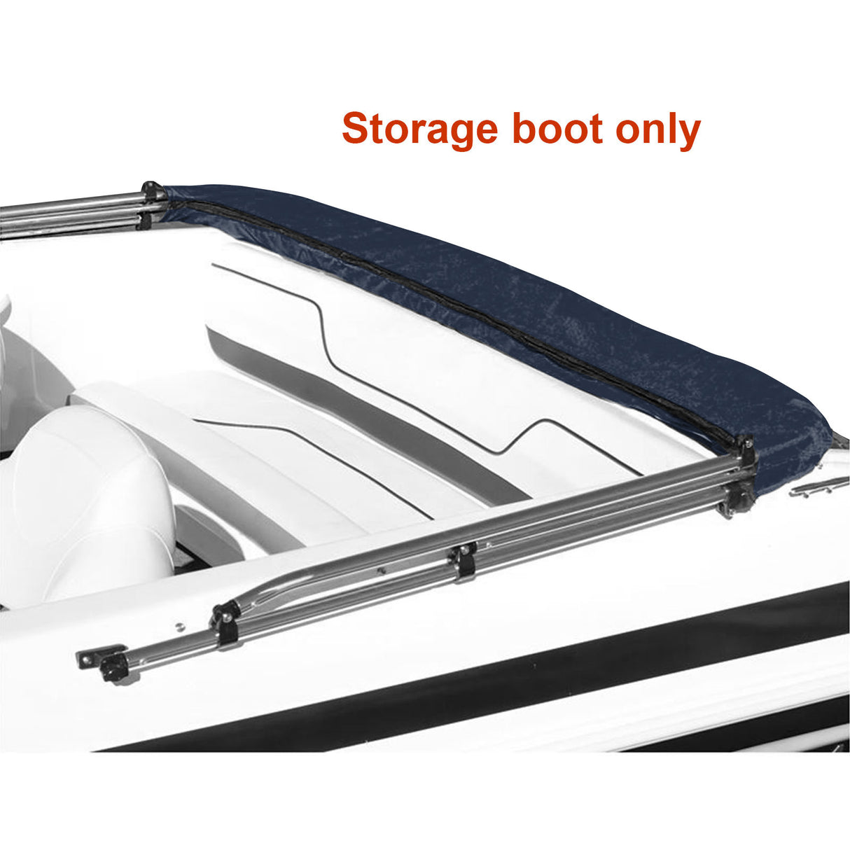 Folded-down bimini top shown stored in a navy boot. Product includes the storage boot only.