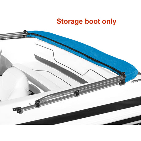 Folded-down bimini top shown stored in a blue boot. Product includes the storage boot only.