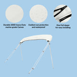 Folded 3-bow bimini top stored in a white protective boot with UV protection, waterproof fabric, and zipper for easy install and removal.