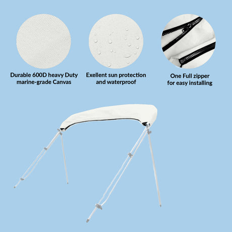 Folded bimini top stored in a white protective boot with UV protection, waterproof fabric, and zipper for easy install and removal.