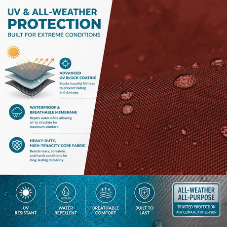 Infographic explaining the UV and all-weather protection features of a marine-grade fabric, featuring a close-up image of water droplets beading on a durable burgandy textile. Diagrams and text highlight an advanced UV block coating, waterproof and breathable membrane, and heavy-duty high-tenacity core fabric. 