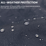 Close-up of water-repellent, marine-grade 600D solution-dyed black fabric with visible water droplets, highlighting UV-treated, all-weather material for tiller protection, designed to withstand sun, rain, and saltwater exposure