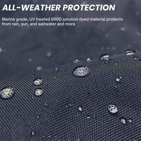Close-up of water-repellent, marine-grade 600D solution-dyed black fabric with visible water droplets, highlighting UV-treated, all-weather material for tiller protection, designed to withstand sun, rain, and saltwater exposure