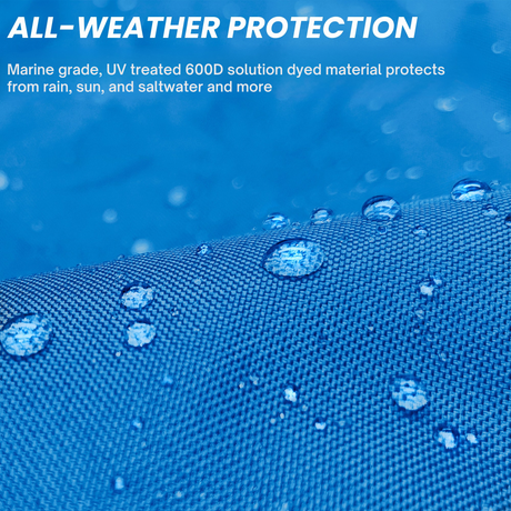 Close-up of water-repellent, marine-grade 600D solution-dyed blue fabric with visible water droplets, highlighting UV-treated, all-weather material for tiller protection, designed to withstand sun, rain, and saltwater exposure