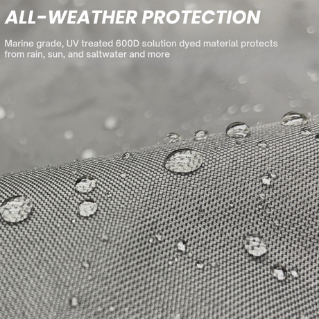 Close-up of water-repellent, marine-grade 600D solution-dyed grey fabric with visible water droplets, highlighting UV-treated, all-weather material for tiller protection, designed to withstand sun, rain, and saltwater exposure